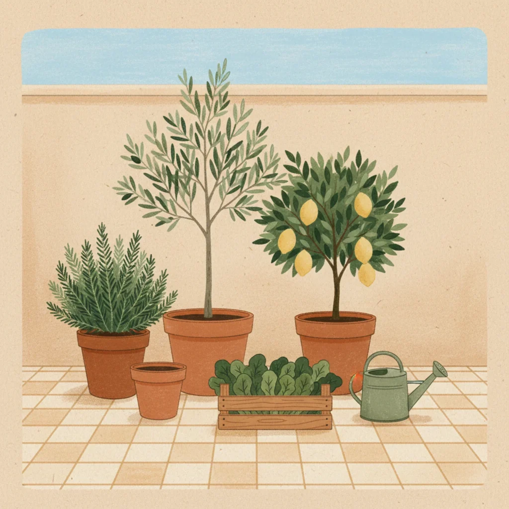 Balcon méditerranéen illustré avec olivier, citronnier et romarin en pots