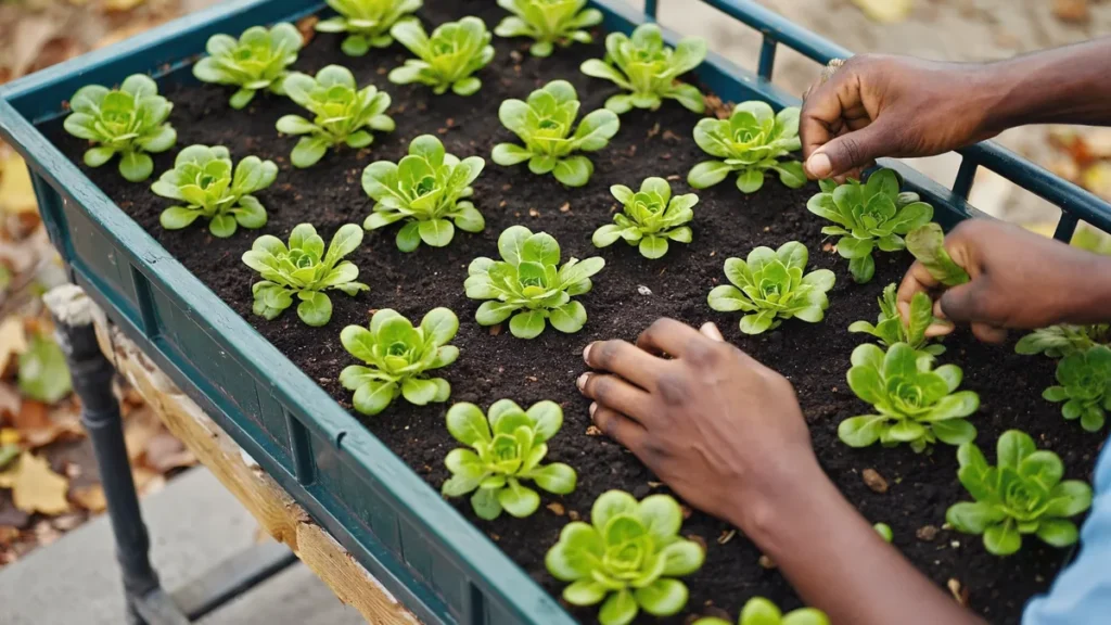 Que planter en octobre sur un balcon: Mains repiquant des rosettes de mâche dans une jardinière en automne.