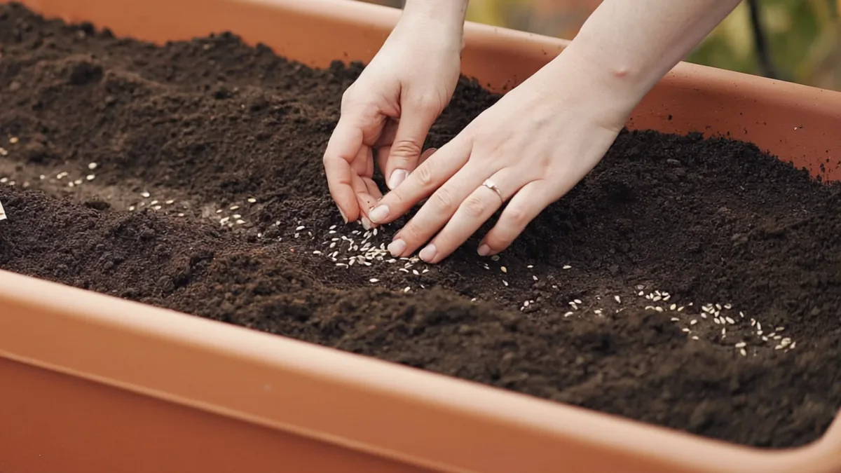 Mains semant de petites graines dans un sillon de terreau d’une jardinière.