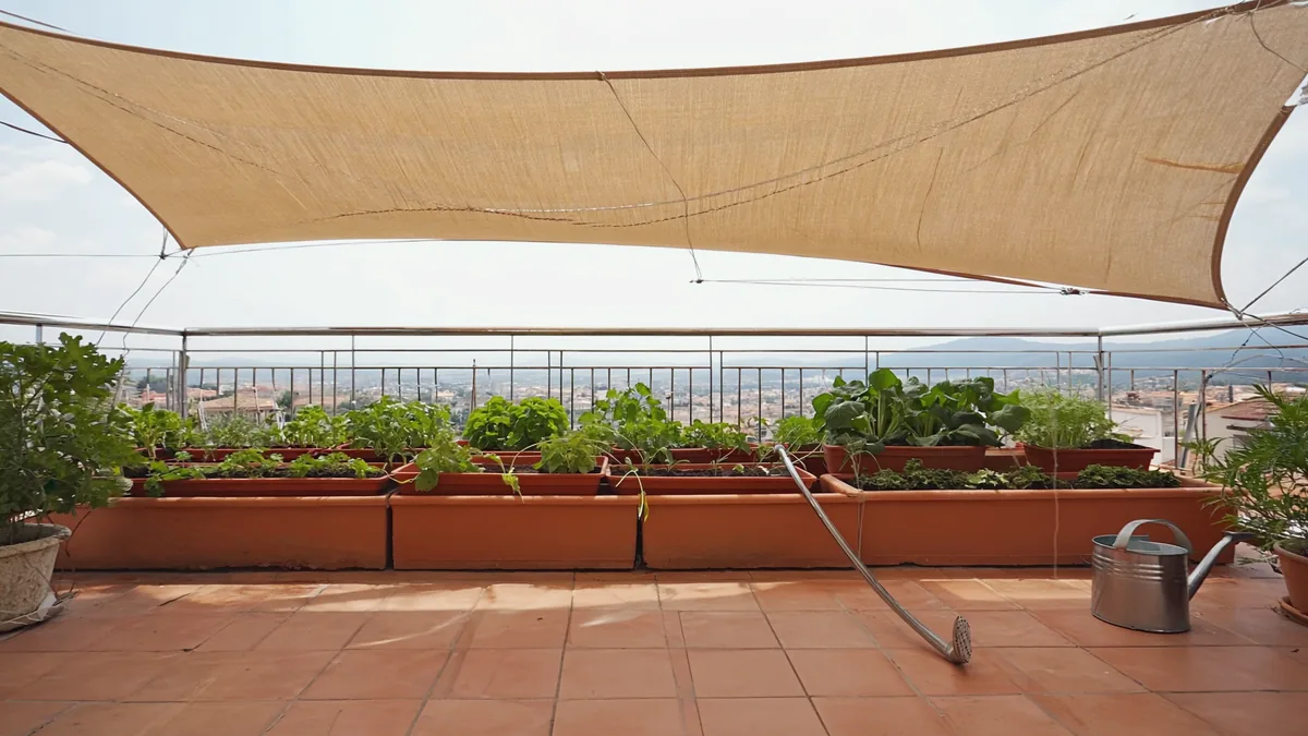 Voile d’ombrage tendu au-dessus de jardinières de légumes, arrosoir posé sur le sol d’une terrasse.